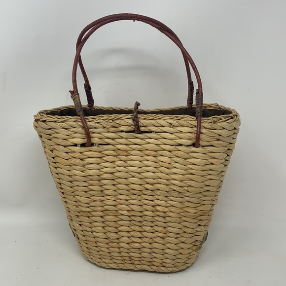 Rattan woven small top handle floral purse interior brown fabric - Picture 3 of 6
